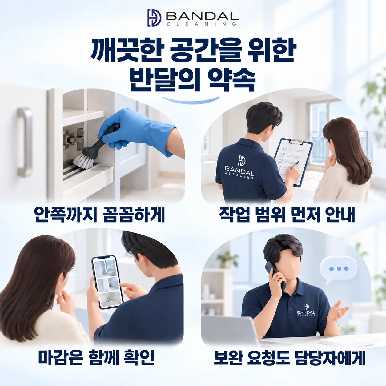 반달의 작업 기준: 안쪽까지 꼼꼼하게, 작업 범위 먼저 안내, 마감은 함께 확인, 보완 요청도 담당자에게