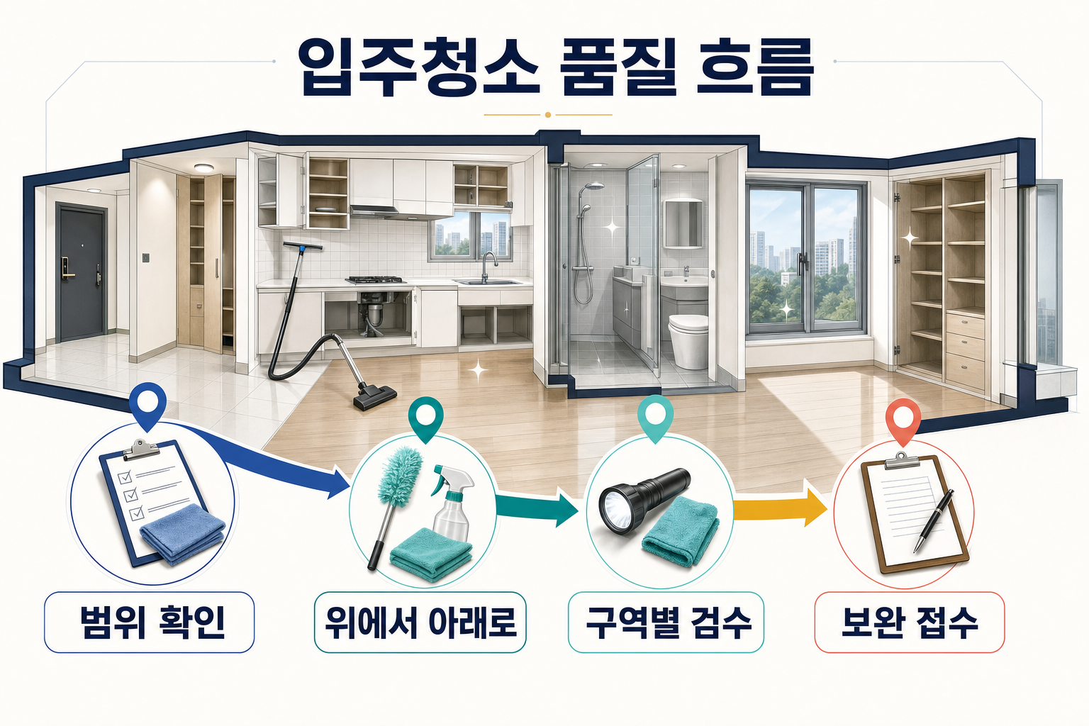 범위 확인, 위에서 아래로 청소, 구역별 검수, 보완 접수로 이어지는 입주청소 품질 흐름 인포그래픽